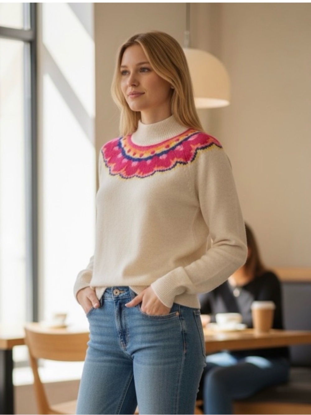 CAbi Cream Turtleneck Sweater with Pink & Coral Fair Isle Yoke